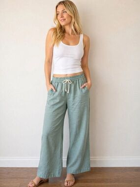 J.Crew Sage Green Linen Blend Pants Size 10 Wide Leg Drawstring